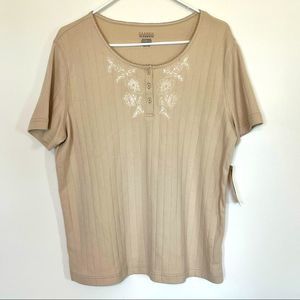 Vintage Classic Elements Embroidered Cream Ribbed Short Sleeve Blouse Size Large